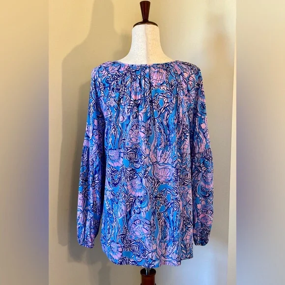 Lilly Pulitzer Winsley Blouse in Lapis Lazuli Horseshoe Bay SZ XL - Picture 4 of 8